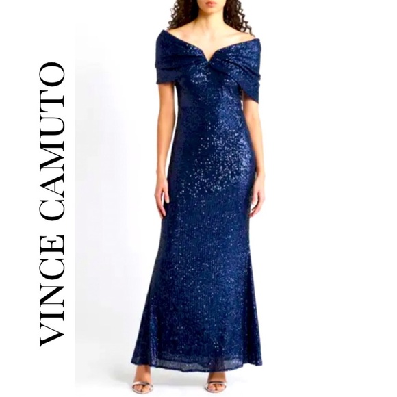 Vince Camuto NEW navy sequin off the shoulder gown - Picture 1 of 7